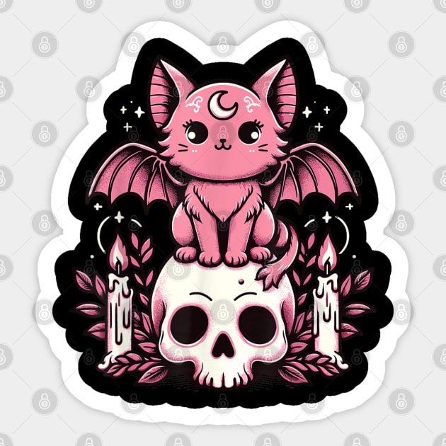 Kawaii Pastel Goth Cute Creepy Cat Bat Skeleton Sticker by DiffusArt
